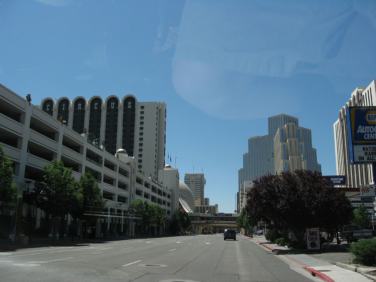 North side of downtown Reno just after exiting I-80. Circus-Circus and Silver Legacy in background.
Reno is a city in the US state of Nevada. Known as "The Biggest Little City in the World", Reno is