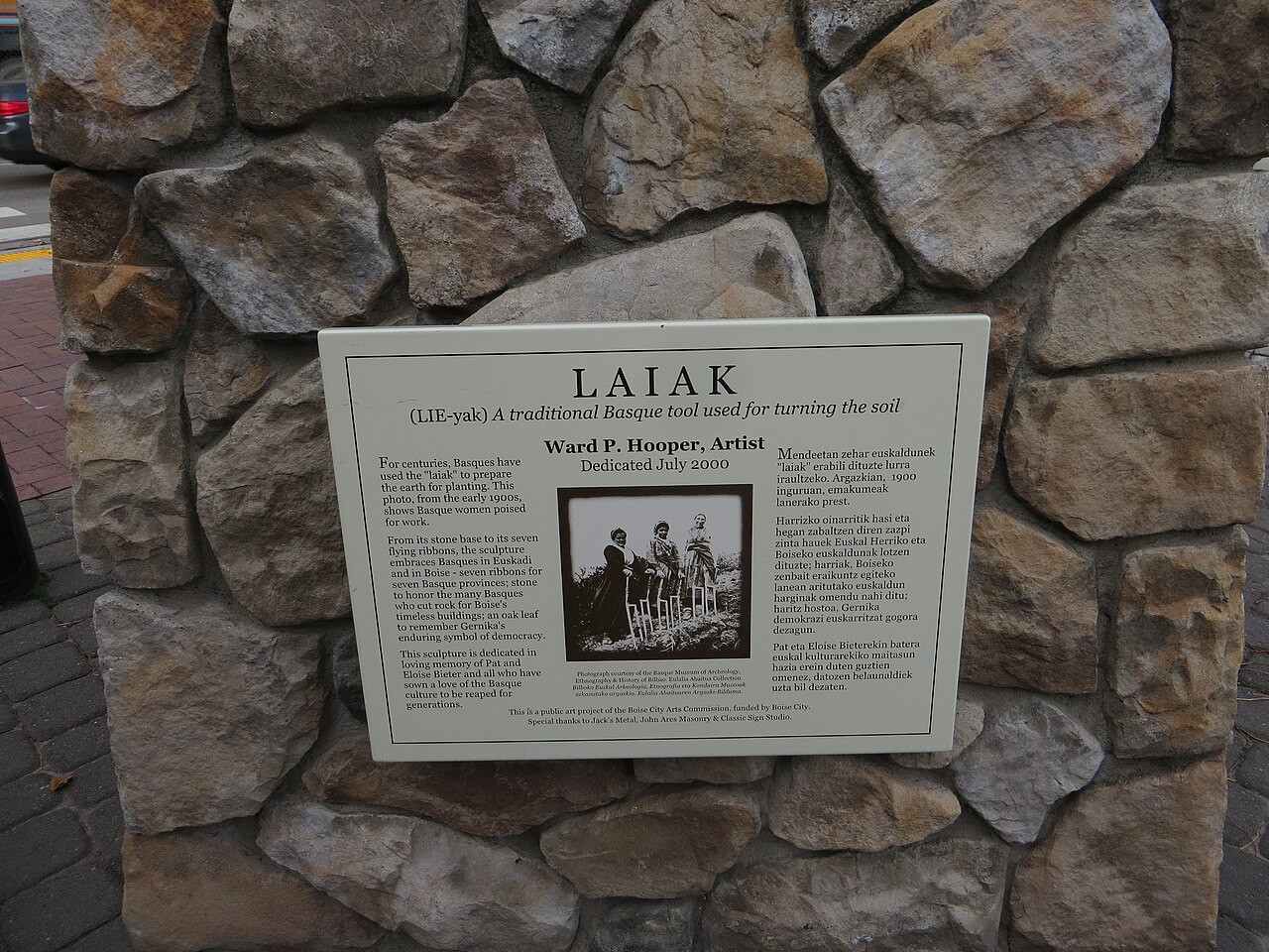Laiak, Basque Block, Boise, Idaho. A plaque commemorating Basque Americans in Idaho.