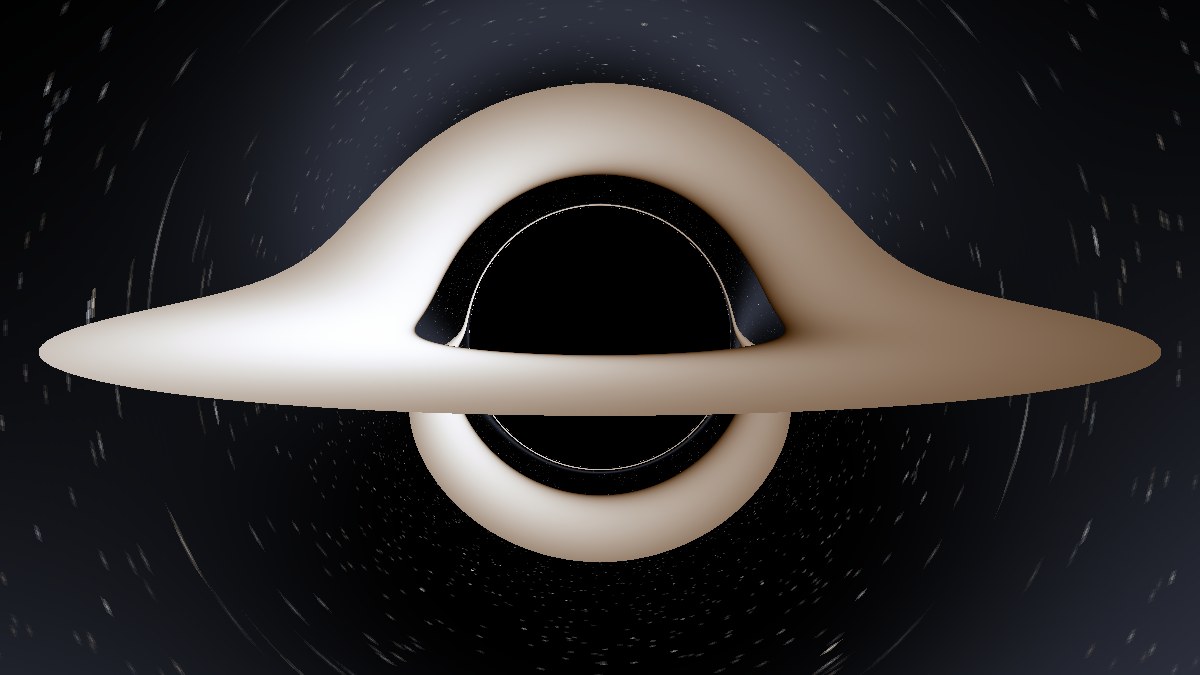 The disk nearly edge-on: a flat band with a full arch over and under the shadow.