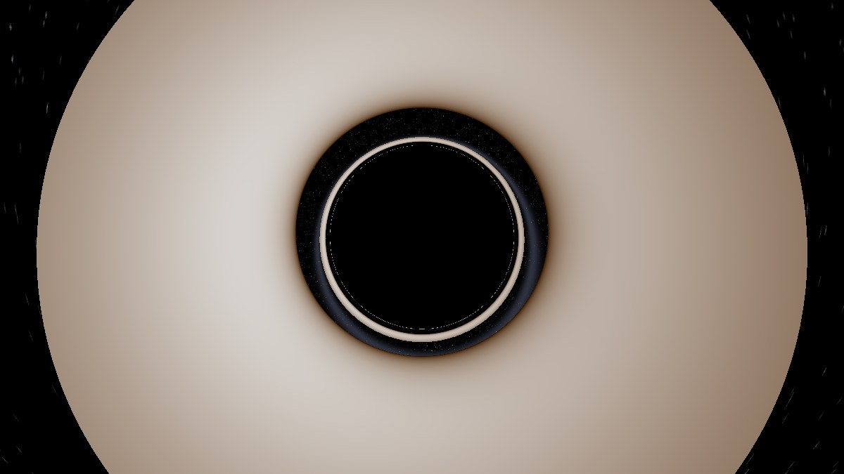 The disk seen nearly face-on: a bright ring of light around a black circle.