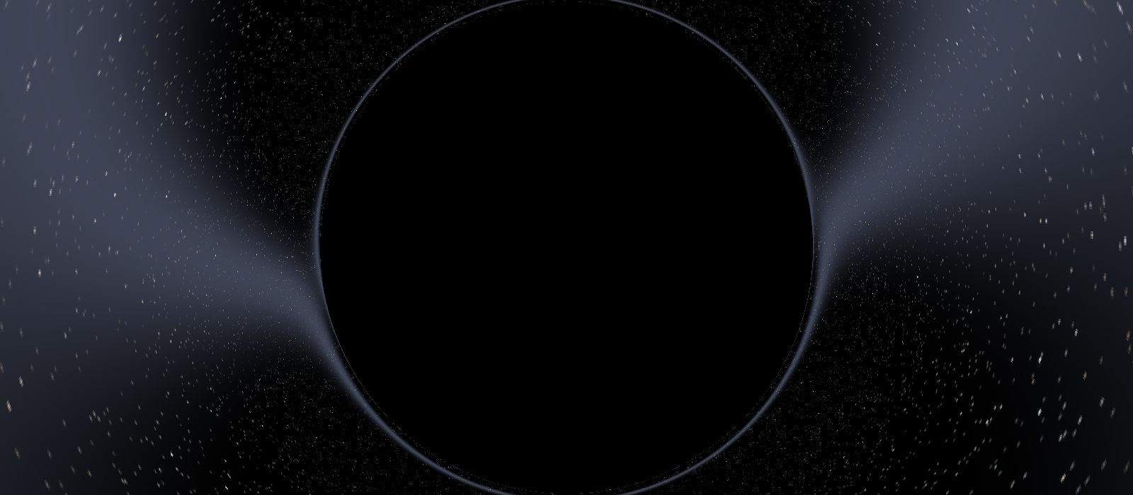 Stars lensed into arcs around the shadow.