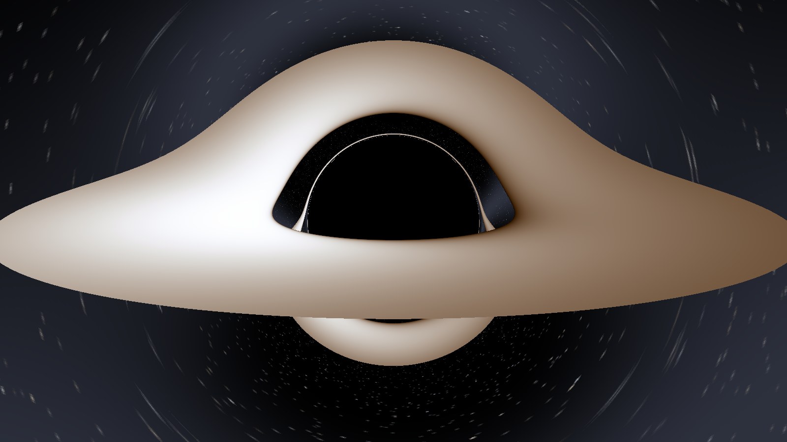 A thin glowing disk around a black hole, seen nearly edge-on: the far side of the disk appears as an arch over the top and a band under the bottom, and a thin bright ring hugs the black shadow.