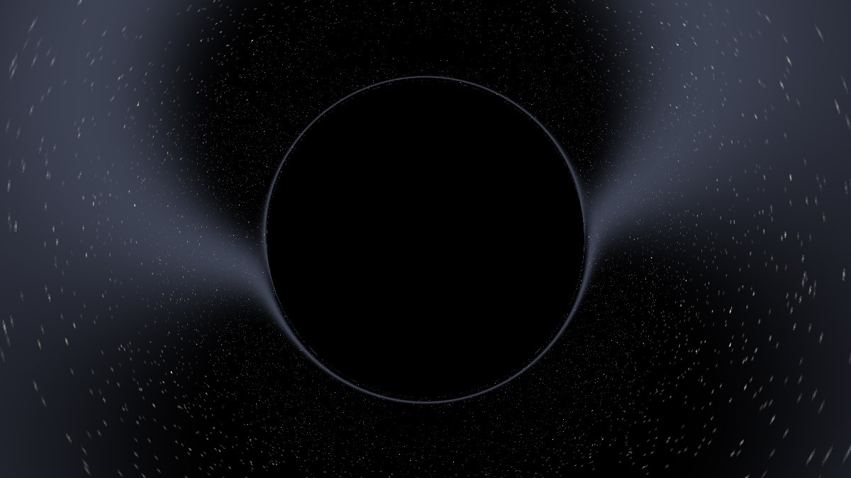 A star field seen through a black hole: stars smeared into arcs around a circular shadow, a bright Einstein ring.