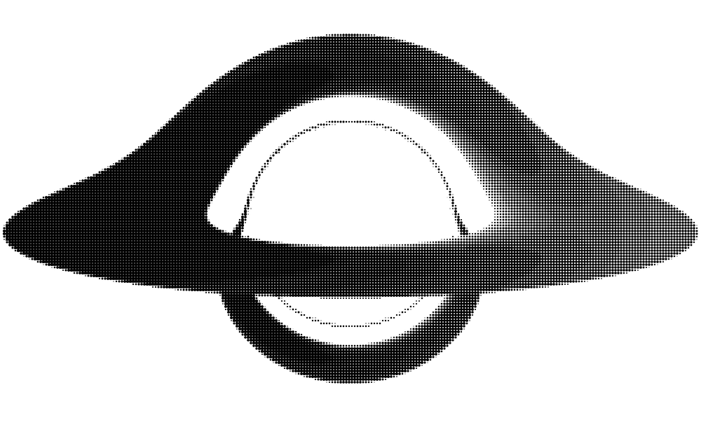 Black ink dots on white paper, denser where the disk is brighter: the disk, its arch over the top, its band underneath, and the thin ring.