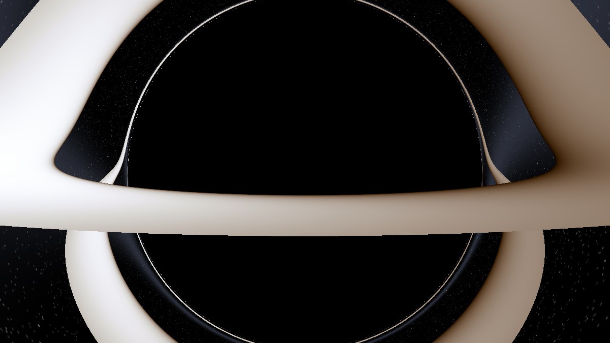 A close view of the photon ring: a thin bright circle on the edge of the shadow, the disk behind.