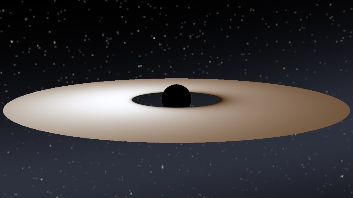 The same disk with light going straight: a flat ellipse, half of it hidden behind the black sphere, no ring.