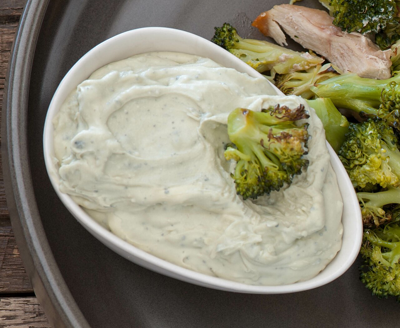 One Pot Chicken served with brocolli and blue cheese dressing.