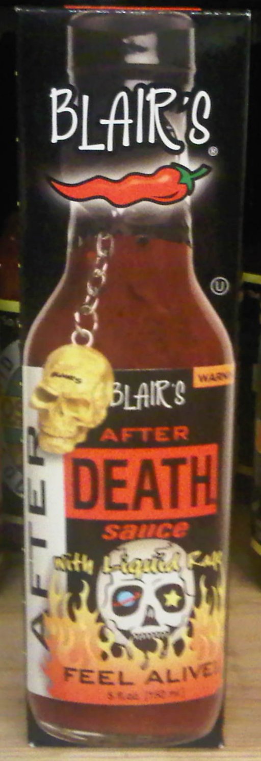 Photo of a bottle of Blair's After Death Souce on a store shelf.