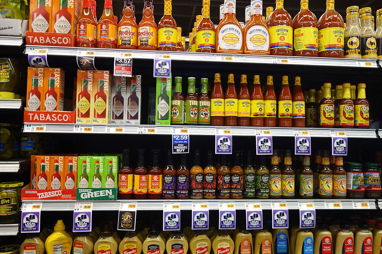 Hot sauce shelves in Rouses Market, New Orleans January 2025