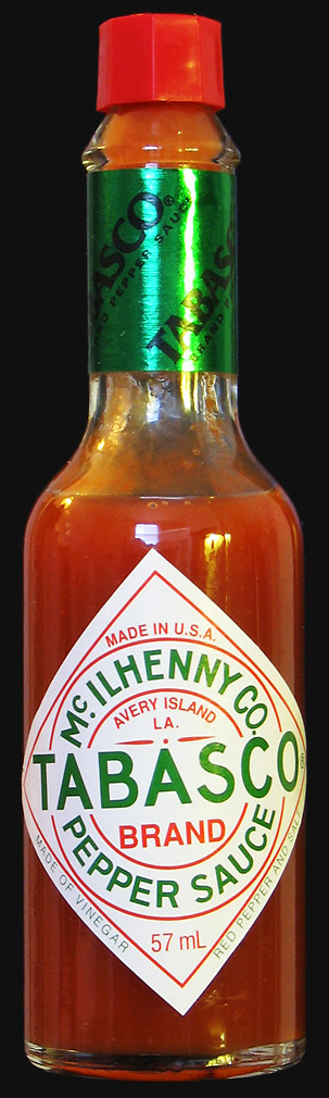 Tabasco sauce bottle. This image most likely contains elements that are trademarks of the McIlhenny Company.