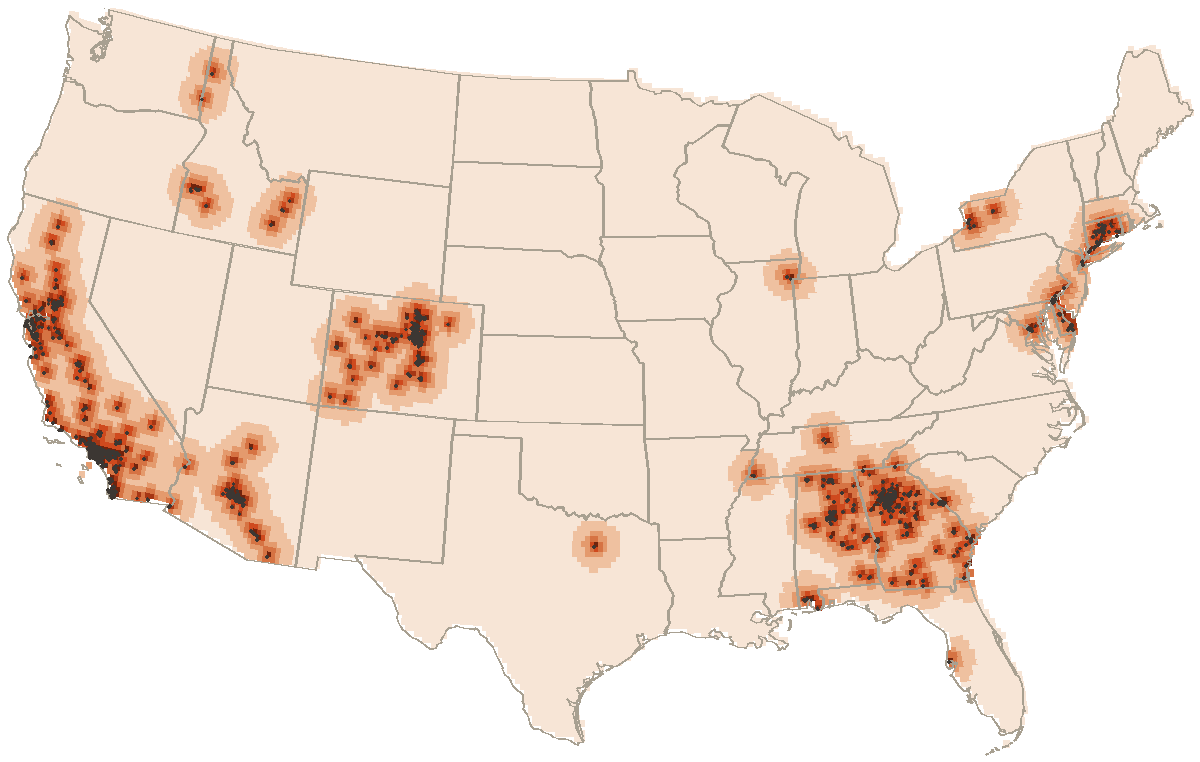 A map of the United States shaded by distance to the nearest wing counter; the eastern seaboard and the Great Lakes run dark, the Great Basin and the high plains pale.