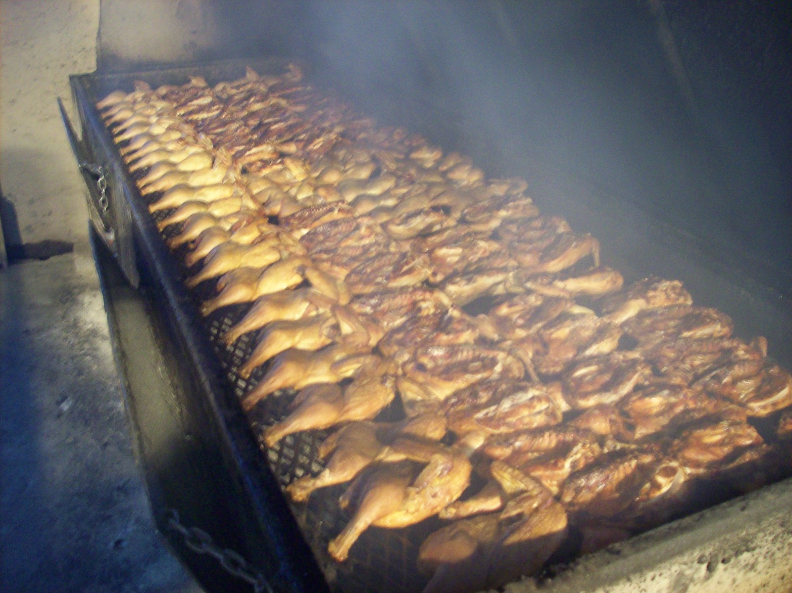 Split chickens laid out in overlapping rows on the wire grate of a long pit, skin gone deep gold, filling the frame from the near corner into smoke at the far end. A chain hangs from the pit's hinged lid at the left; the pit stands against a whitewashed concrete-block wall on a concrete floor.