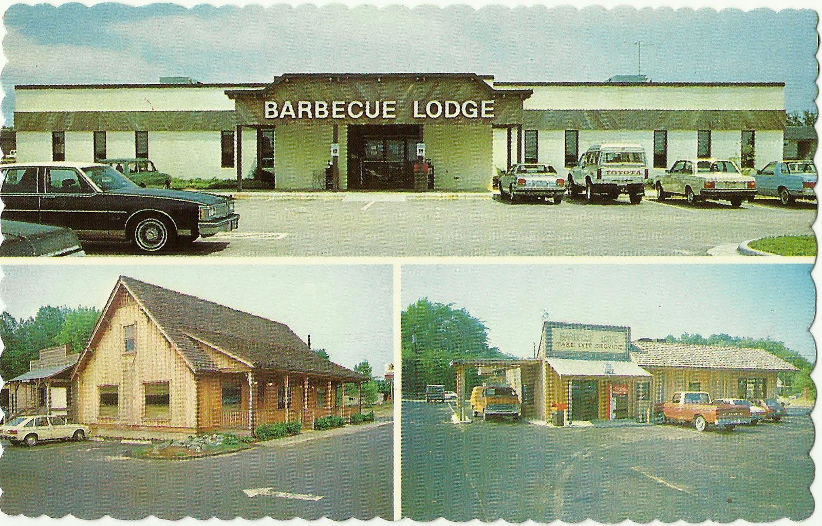 A colour postcard divided into three panels. Across the top, a long flat-roofed brick and stucco restaurant with BARBECUE LODGE in raised letters over the entrance and cars and pickups of the late 1970s parked in front. Lower left, a smaller shingled building with a steep roof on a street corner. Lower right, a low white building whose sign reads BARBECUE LODGE TAKE OUT SERVICE, with trucks at the kerb and a petrol pump beside the door.