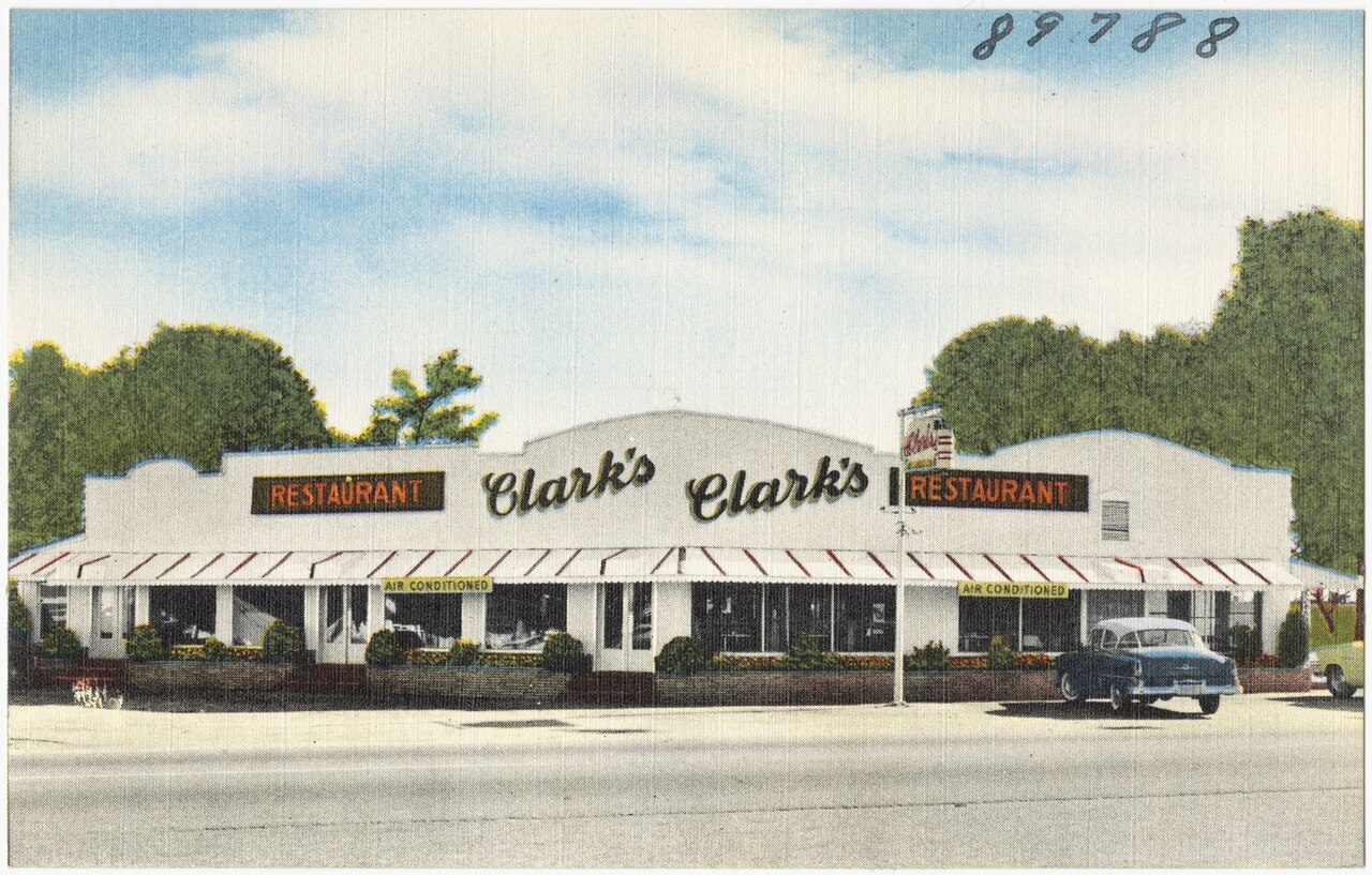 Linen postcard of Clark's Restaurant at Santee, South Carolina, captioned with its highway junction: U.S. 301, 15 and 15A at S.C. 6.