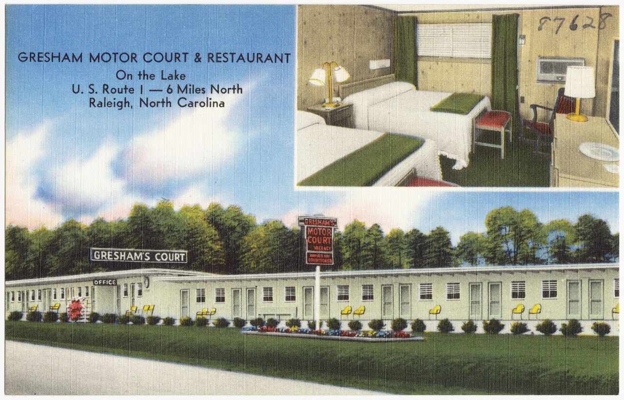 Linen postcard of the Gresham Motor Court and Restaurant on a lake six miles north of Raleigh on U.S. Route 1.