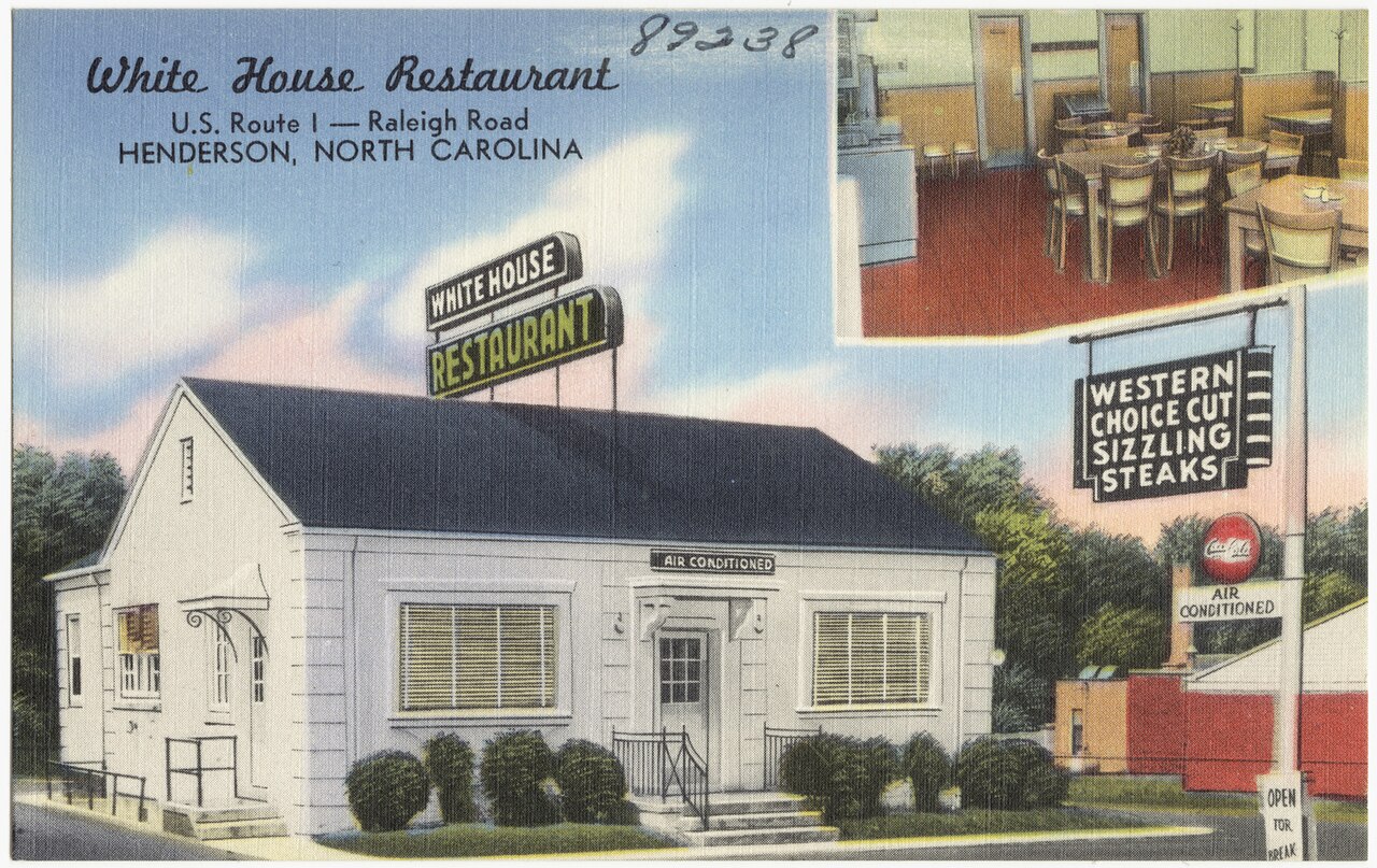 Linen postcard of the White House Restaurant on U.S. Route 1, the Raleigh Road, at Henderson, North Carolina.
