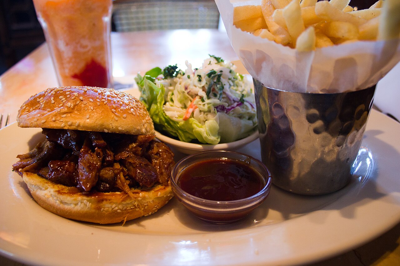 Slow Roasted Pork Covered with Our B.B.Q. Sauce on a Brioche Bun. Served with Cole Slaw, and French Fries or Green Salad (from the Cheesecake Factory menu)