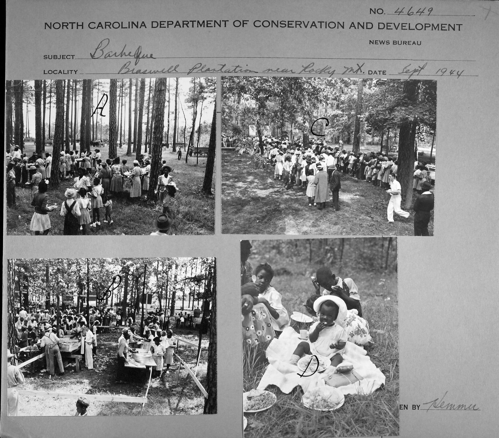 A state News Bureau sheet of four prints headed Barbeque, Braswell Plantation near Rocky Mount, Sept 1944. One shows a crowd standing among tall pines with plates in their hands, children in front, wagons and mules at the treeline. One shows a queue several hundred people long curving away under the trees. One looks down on servers working a line of trestle tables spread with large pans, people filing past with plates. The fourth is close: a woman and three small children sitting on the grass, plates of food and a cup set out on the ground beside them, the smallest child in a white sun hat eating with her fingers.