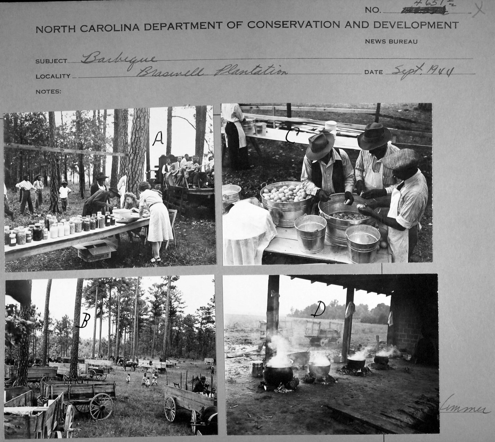 A state News Bureau sheet of four prints headed Barbeque, Braswell Plantation, Sept 1944. In the bottom right print three black iron cauldrons stand on stones over open wood fires under a shed roof, steam pouring off all three, with mule wagons and a field behind. The other prints show a plank table lined with jars of preserves and a string band playing from the bed of a truck, wagons parked among the pines with children running between them, and three men in hats peeling and cutting vegetables into galvanised washtubs.