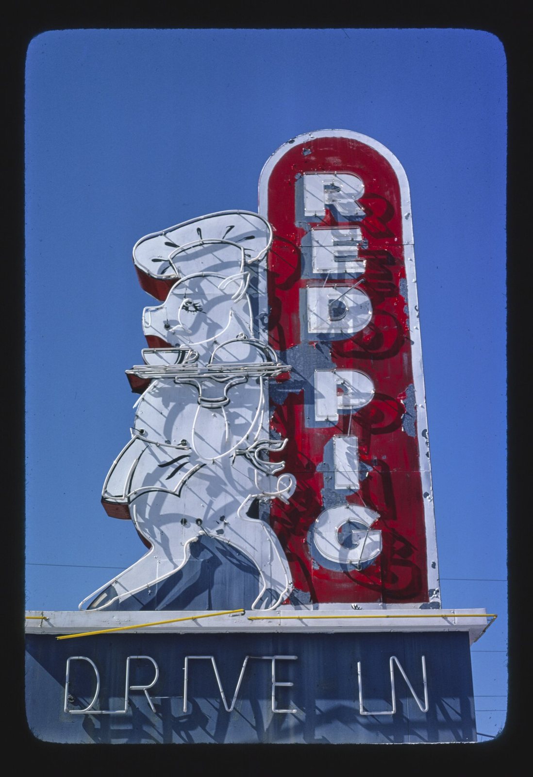 Neon sign of the Red Pig Drive-In at Nahunta, Georgia: a white pig standing upright in a chef's toque, carrying a domed serving tray at shoulder height, with RED PIG lettered down a red pylon beside it and DRIVE IN in neon along the base.