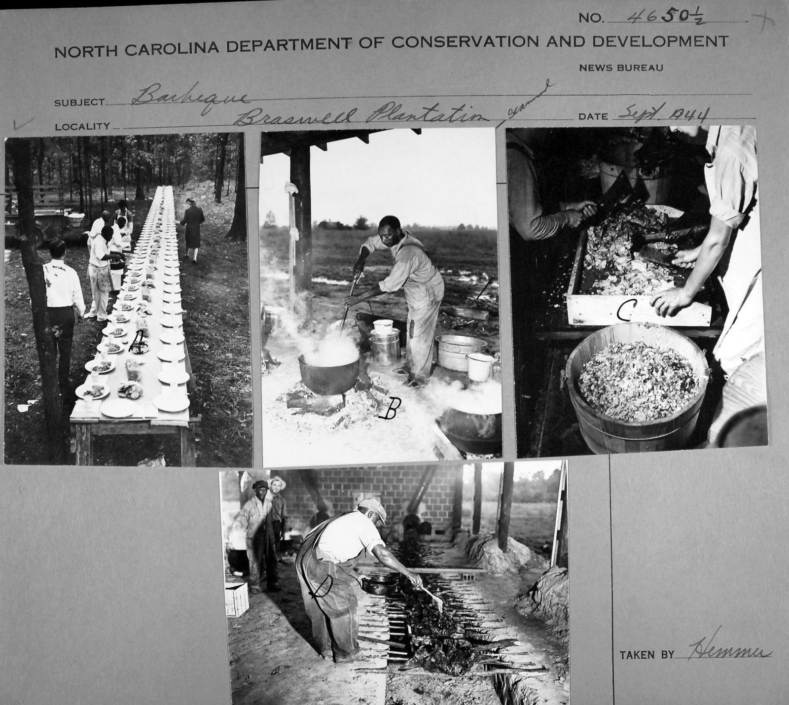 A state News Bureau sheet of four prints headed Barbeque, Braswell Plantation, Sept 1944. In the top right print two pairs of hands work over a wooden trough: one brings a cleaver down through a pile of cooked pork, another rakes the chopped meat towards a wooden bushel tub already heaped full. The other prints show a plank table running away down a slope set with dozens of loaded plates, a man stirring a black iron cauldron over a wood fire under a shed roof, and a man in overalls basting meat laid on poles over an open trench.