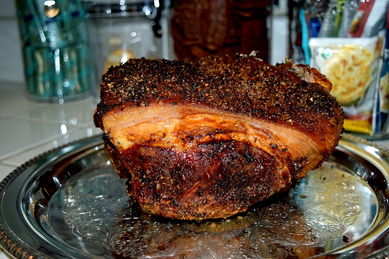A pork shoulder picnic roast, cooked in an oven at 325 degrees for about 4 and 1/2 hours.