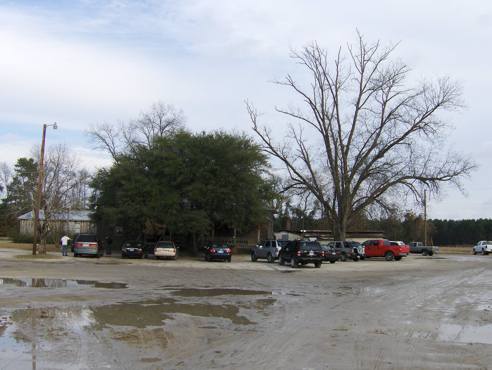 A low white frame farmhouse with a railed porch stands under a wide evergreen oak, a smaller white outbuilding with a brick chimney beyond it to the right. About a dozen cars, SUVs and pickups are parked in a row on a rutted, puddled dirt lot in the foreground; two people stand between them. Bare pecan trees, a streetlight on a wooden pole, and a winter sky.