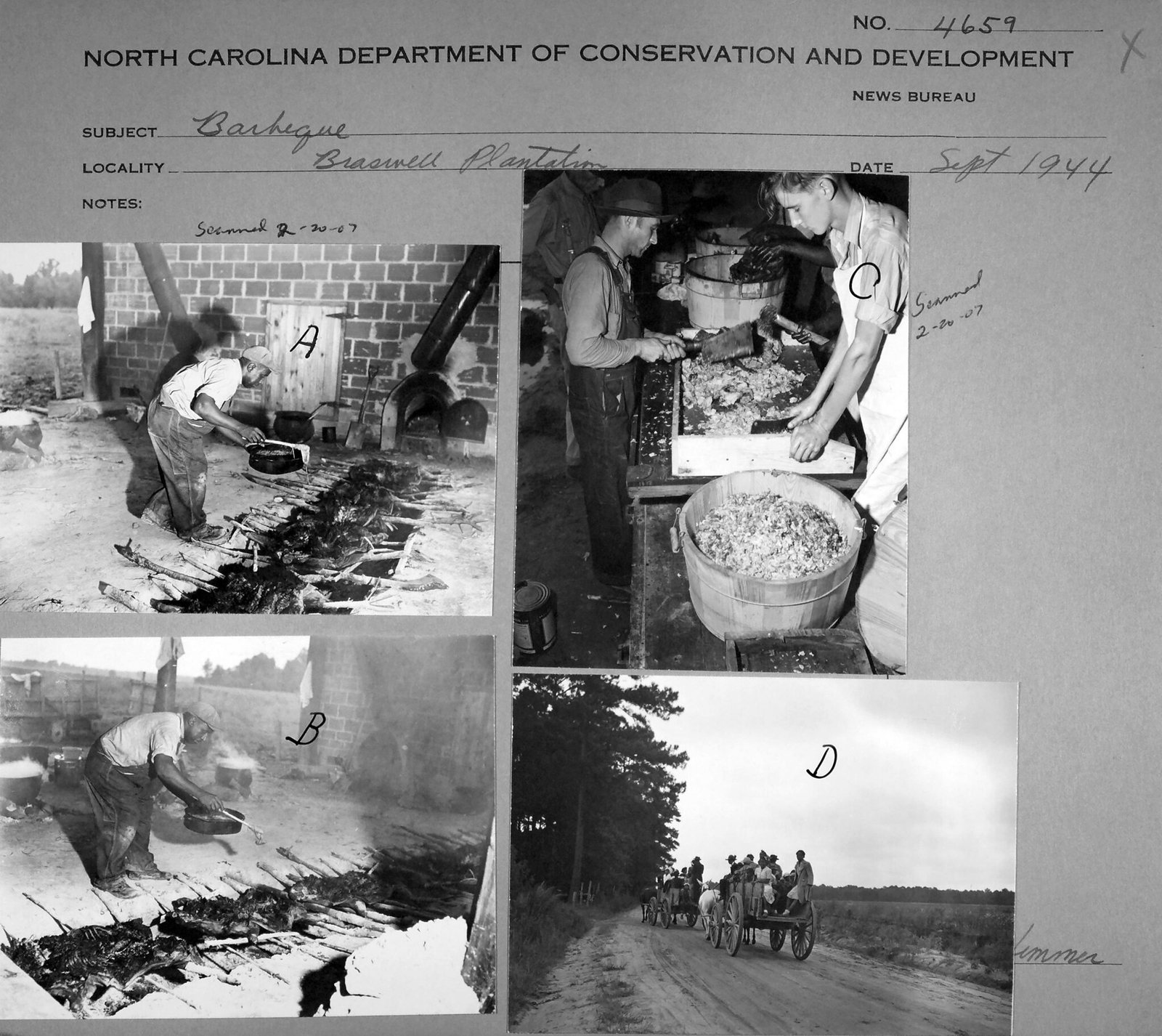 A state News Bureau sheet of four prints headed Barbeque, Braswell Plantation, Sept 1944. Two of them show a man in a cap and overalls standing over a long open trench beside a cinder-block building: split hogs lie flat on close-laid poles across the trench, and he leans out over them with a pan in one hand and a long-handled mop in the other. A third print shows two men at a wooden trough, one bringing a cleaver down on a heap of cooked pork while the other steadies it, with a bushel tub of chopped meat below. The fourth shows mule wagons full of people coming up a sand road between pines.