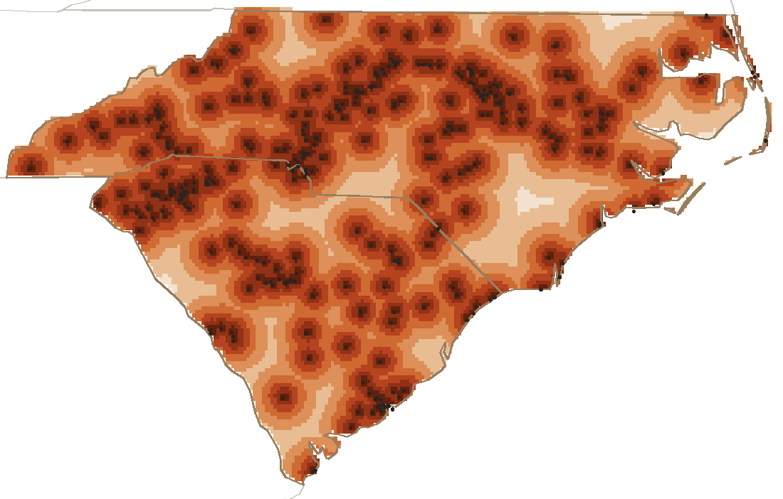A map of North and South Carolina shaded by distance to the nearest barbecue place; the coastal plain and the piedmont are dark, the mountains and the southern swamps pale.
