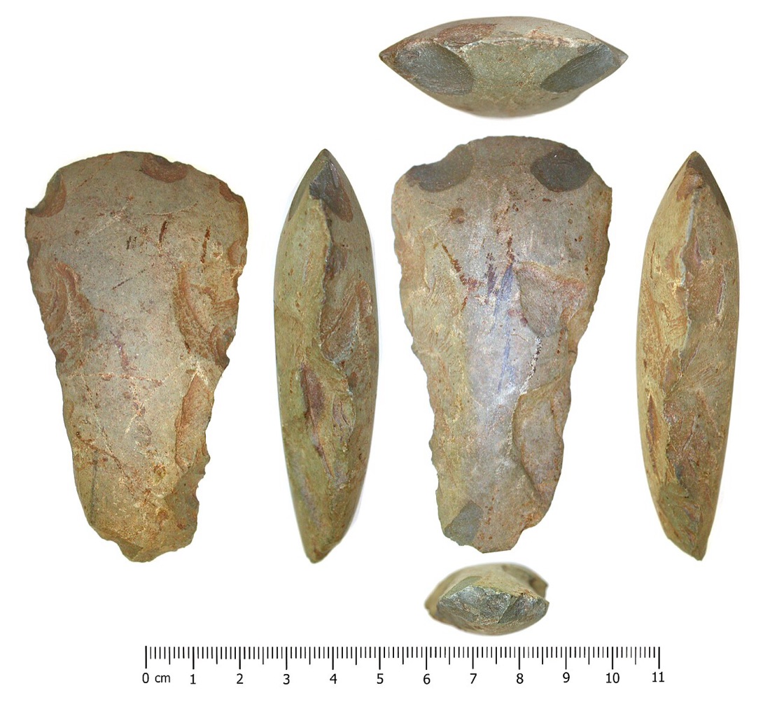 Polished stone axe, Neolithic. The kind folks called a thunderstone.