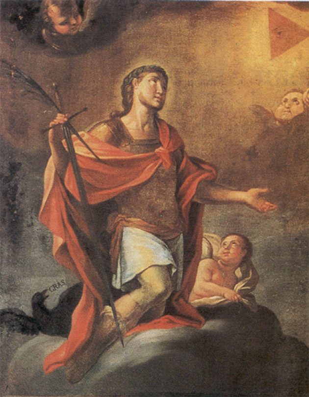 Oil painting: Saint Expedite kneels on clouds holding a palm; a black crow at lower left carries a ribbon reading CRAS.