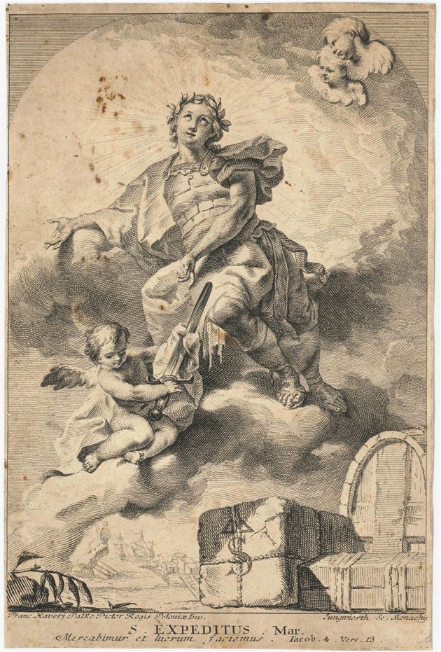Engraving: Saint Expedite enthroned on clouds above bales and barrels of trade goods, with a Latin line from the Letter of James.