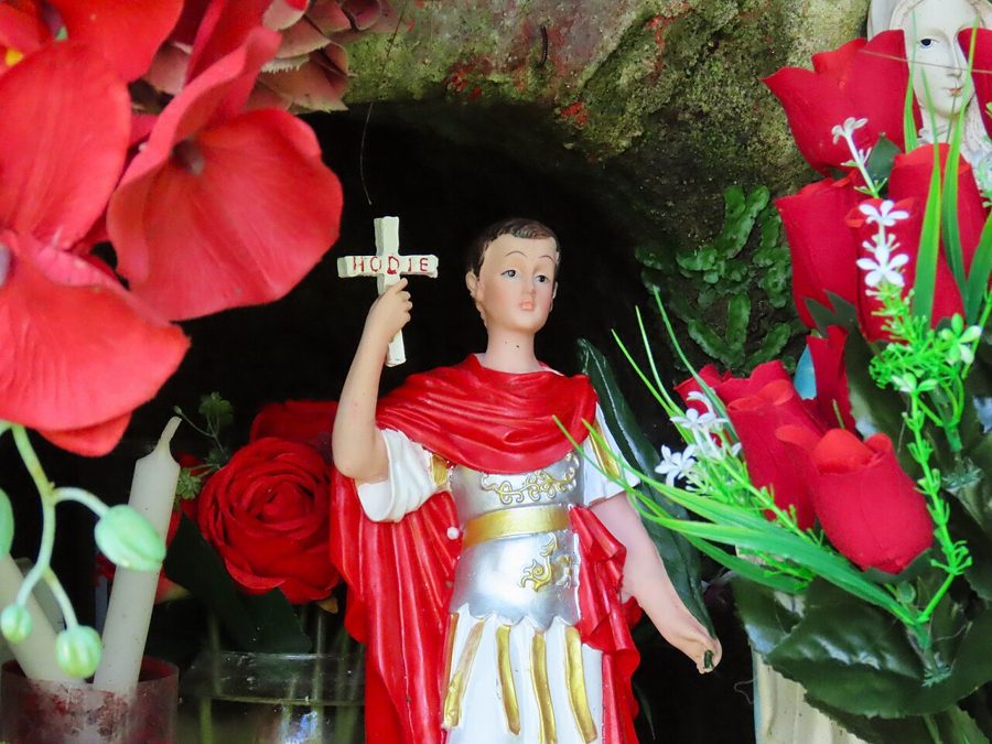 Statue of Saint Expedite in red, holding his cross, among red flowers, Réunion.