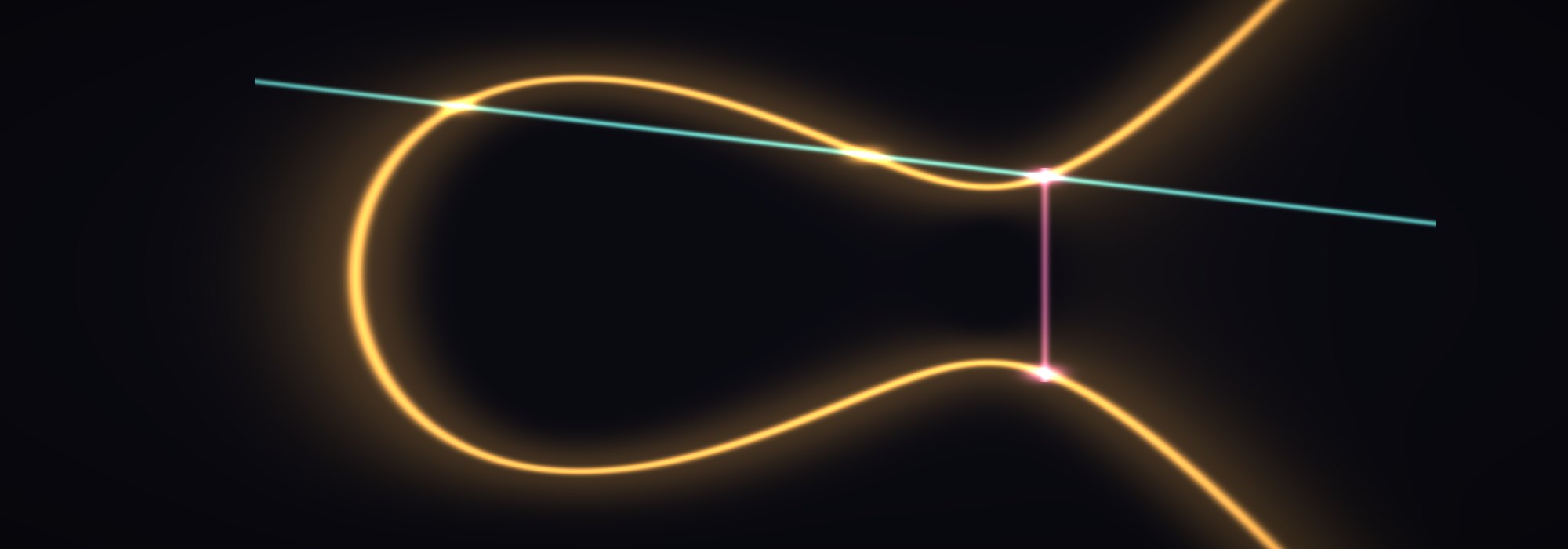 A glowing amber loop and tail, an elliptic curve, with a teal line cutting it at three points and a rose vertical dropping from the third.