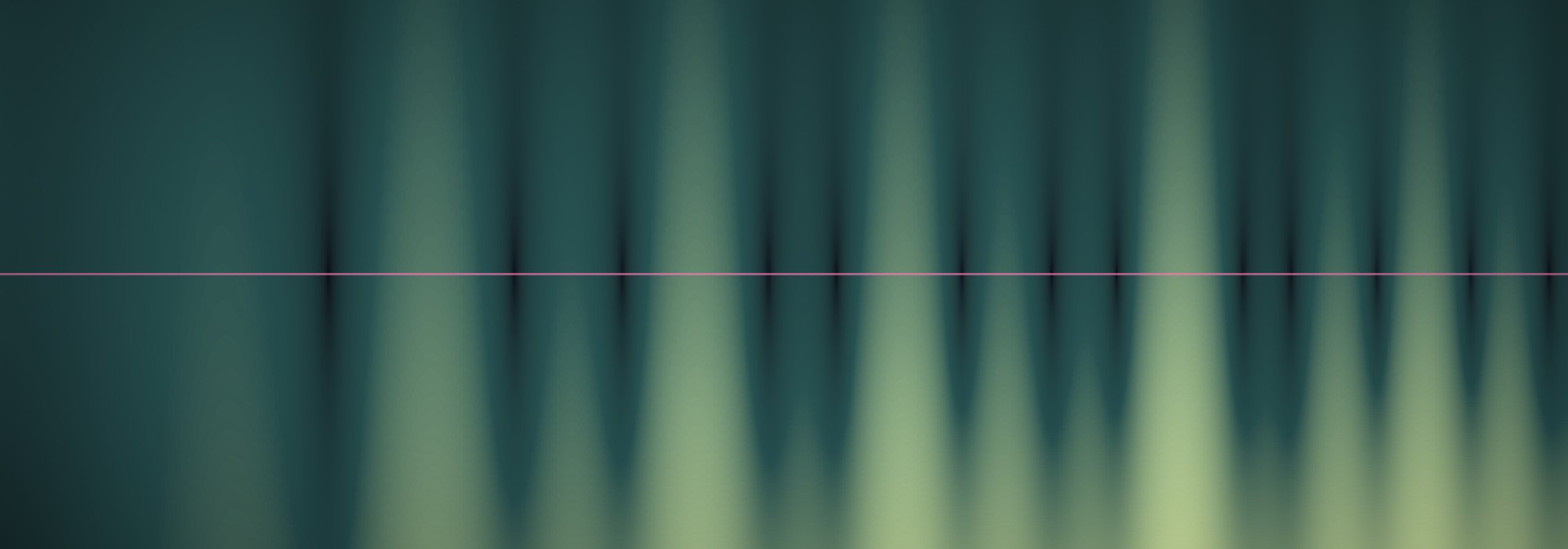 A teal field with dark wells along a rose horizontal line: the size of the zeta function across the critical strip, the zeros as the dark spots.