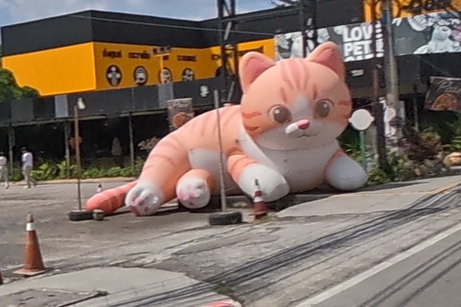 Giant inflatable tabby cat slumped by the roadside