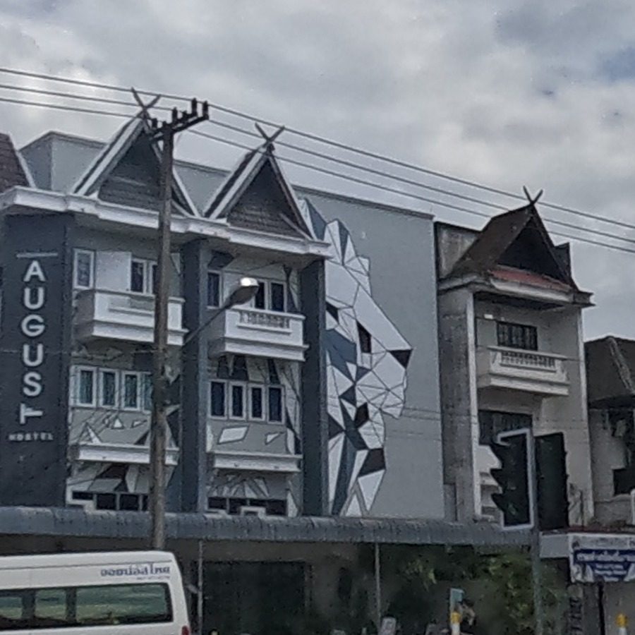 Geometric lion mural on the August Hostel wall