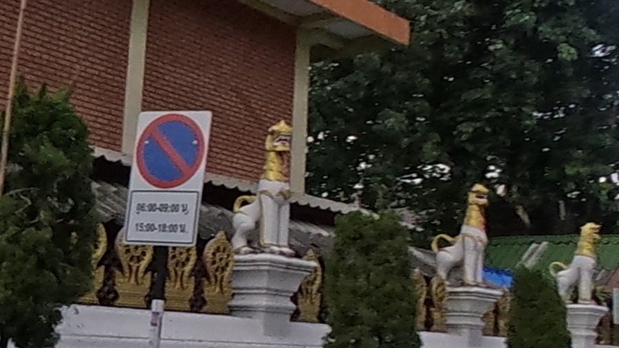 Singha statues on a wall with a gilded frieze