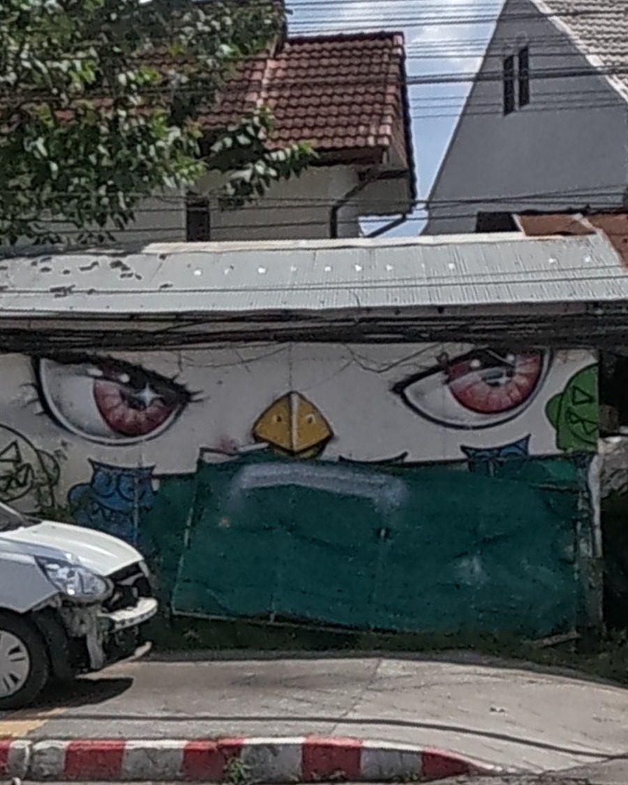 Painted owl-eyes face over a car-repair yard wall