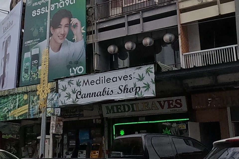 Medileaves Cannabis Shop, a ground-floor dispensary with a leaf-logo sign and glowing green shop-window lighting, beneath a three-storey shophouse with balconies (grey tarps hanging from the top floor) and Beauty & Barber next door.