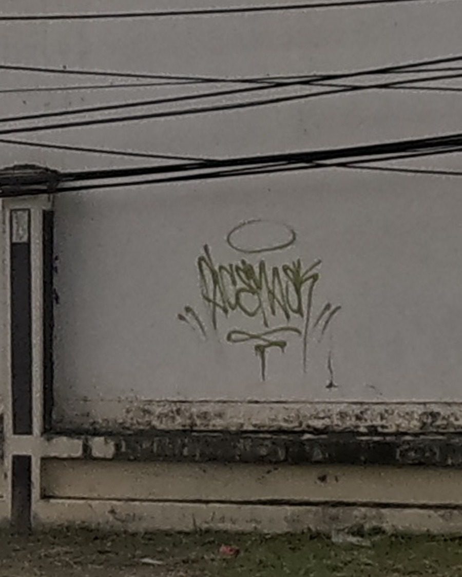 small green spray tag on a boundary wall