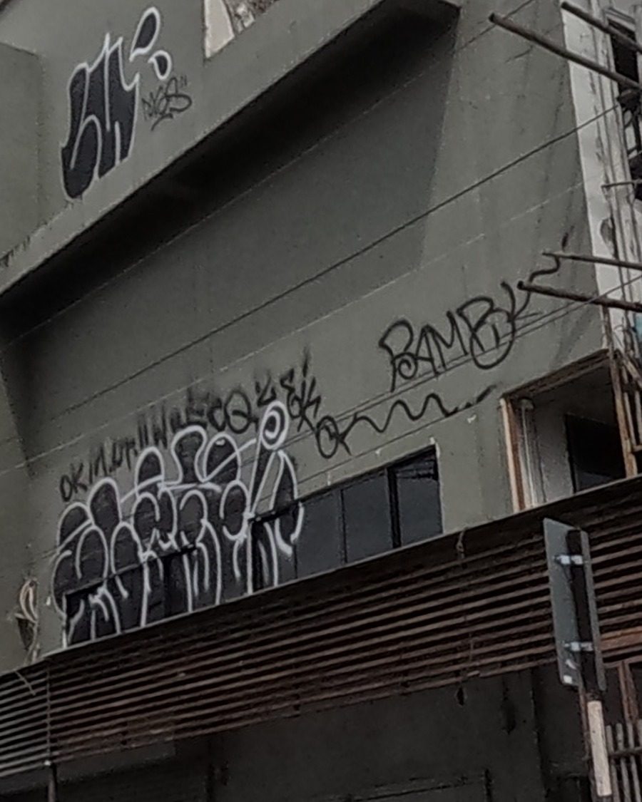 Graffiti tags: BAMBI bubble tag, CQ tag, stencil figure