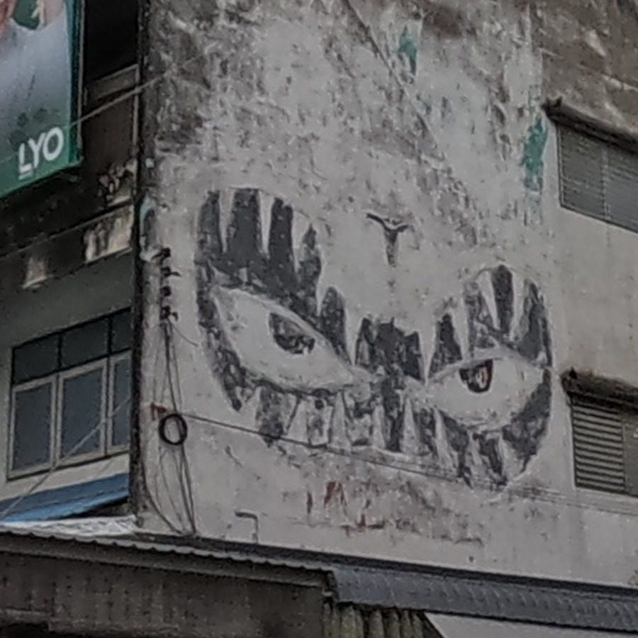 Large grey abstract creature face mural on building side