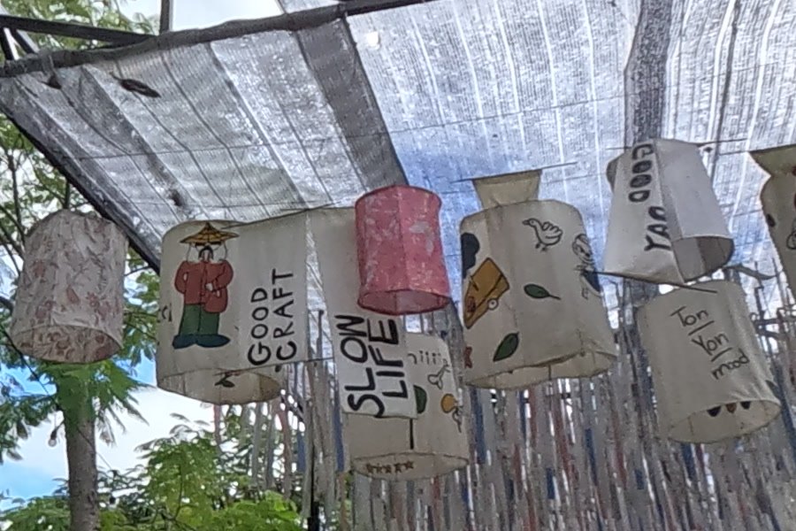 Hand-painted cloth lanterns: SLOW LIFE, GOOD CRAFT — Chamcha Market, San Kamphaeng