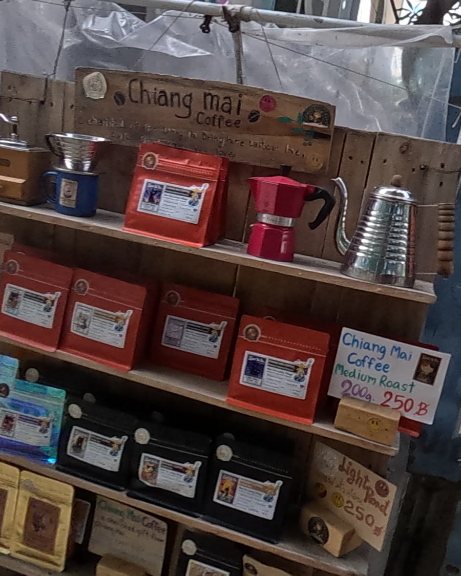 Coffee beans and a moka pot at Coffee Phi Ba — Chamcha Market, San Kamphaeng