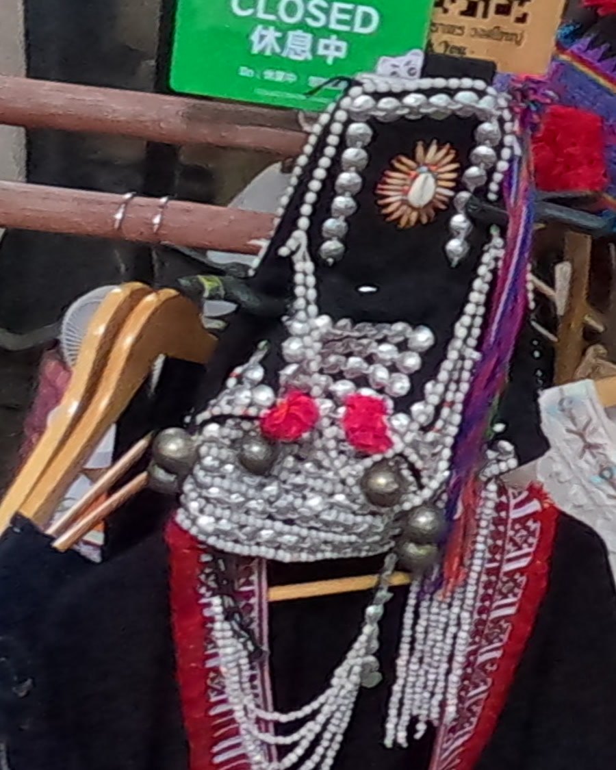 Silver-beaded Akha-style headdress — Chamcha Market, San Kamphaeng
