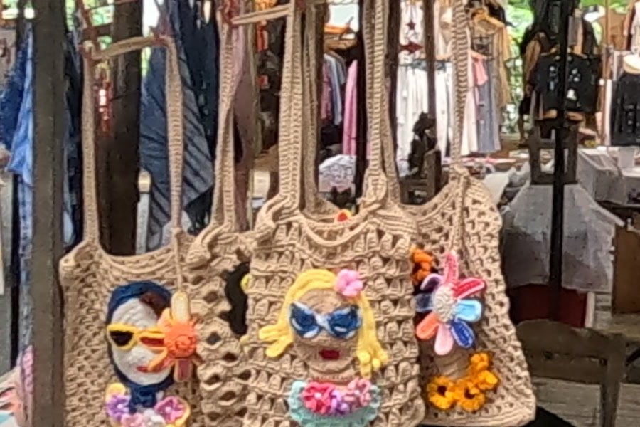 Crochet tote bags with sunglasses faces — Chamcha Market, San Kamphaeng