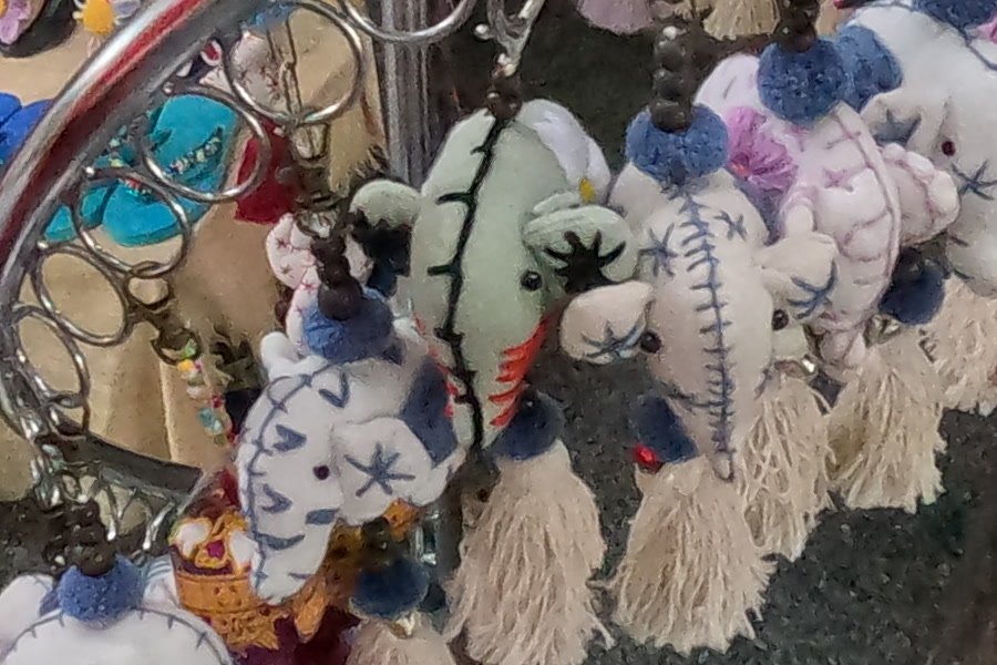 Stitched cloth elephant keyrings with cotton tassels — Chamcha Market, San Kamphaeng