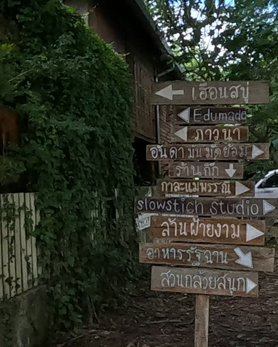 Wooden signpost to ten places — Chamcha Market, San Kamphaeng