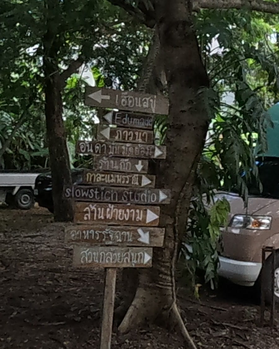 The market's wooden signpost — Chamcha Market, San Kamphaeng